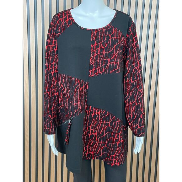 Ali Miles Women's 1X Red Blouse Top Polyester Tunic Stretch Artsy Art To Wear - Picture 1 of 8